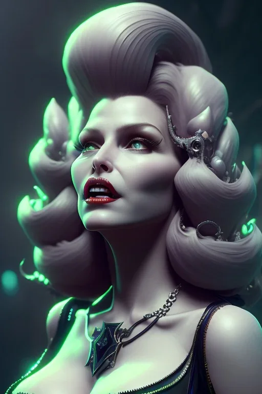 Rita Hayworth as evil queen in black leather, leather, busty, cleavage, angry, stern look. character design by cory loftis, fenghua zhong, ryohei hase, ismail inceoglu and ruan jia. unreal engine 5, artistic lighting, highly detailed, photorealistic, fantasy