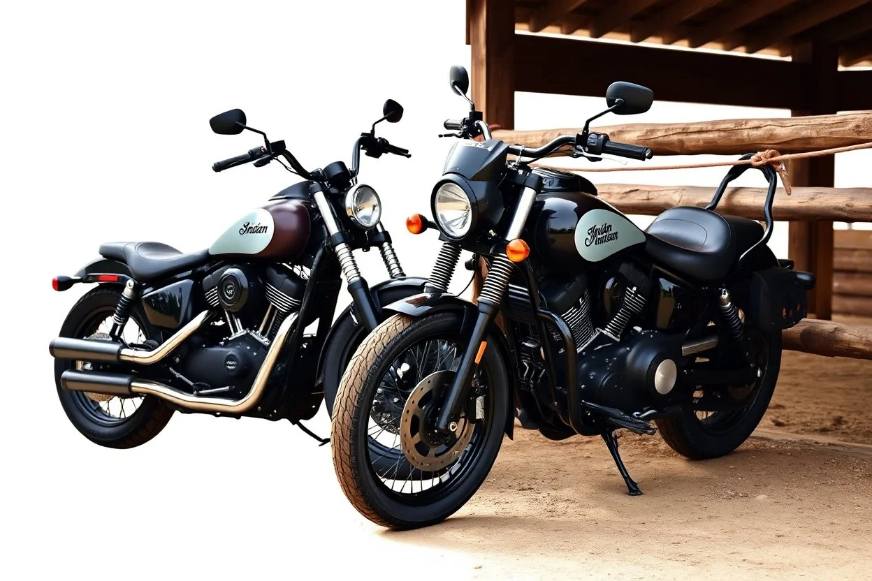 a motorcycle(harley davidson pan america 1250) next to a different motorcycle(Indian Springfield Dark Horse) , next to a horse who's tied by the reins to a wood railing. white background. dirt ground. silkscreen style image