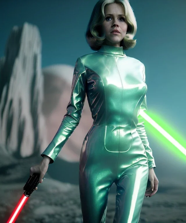 Ultra Realistic retro sci-fi portrait image from 1960, spaceship, sweet young Jane Fonda, dress with tight latex suit, lightsaber, soft color, highly detailed, unreal engine 5, ray tracing, RTX, lumen lighting, ultra detail, volumetric lighting, 3d, finely drawn, high definition, high resolution.