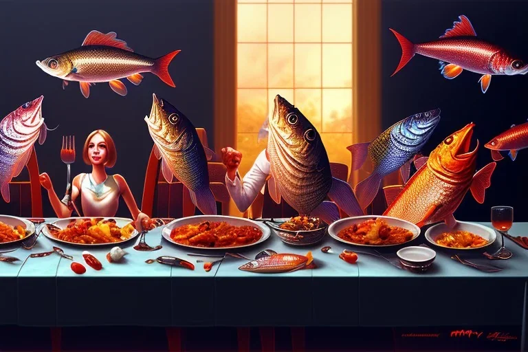 supper, fish sit at the table and eat pieces of people.