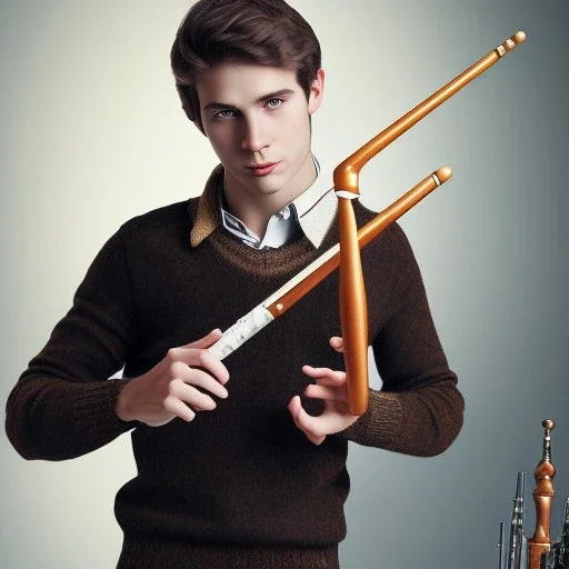 young man with flute, irish sweater, playing music