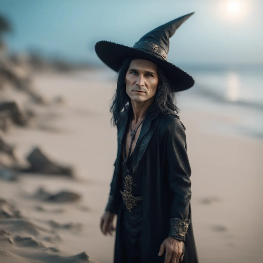 corey feldman as a witch on the beach ,bokeh like f/0.8, tilt-shift lens 8k, high detail, smooth render, down-light, unreal engine