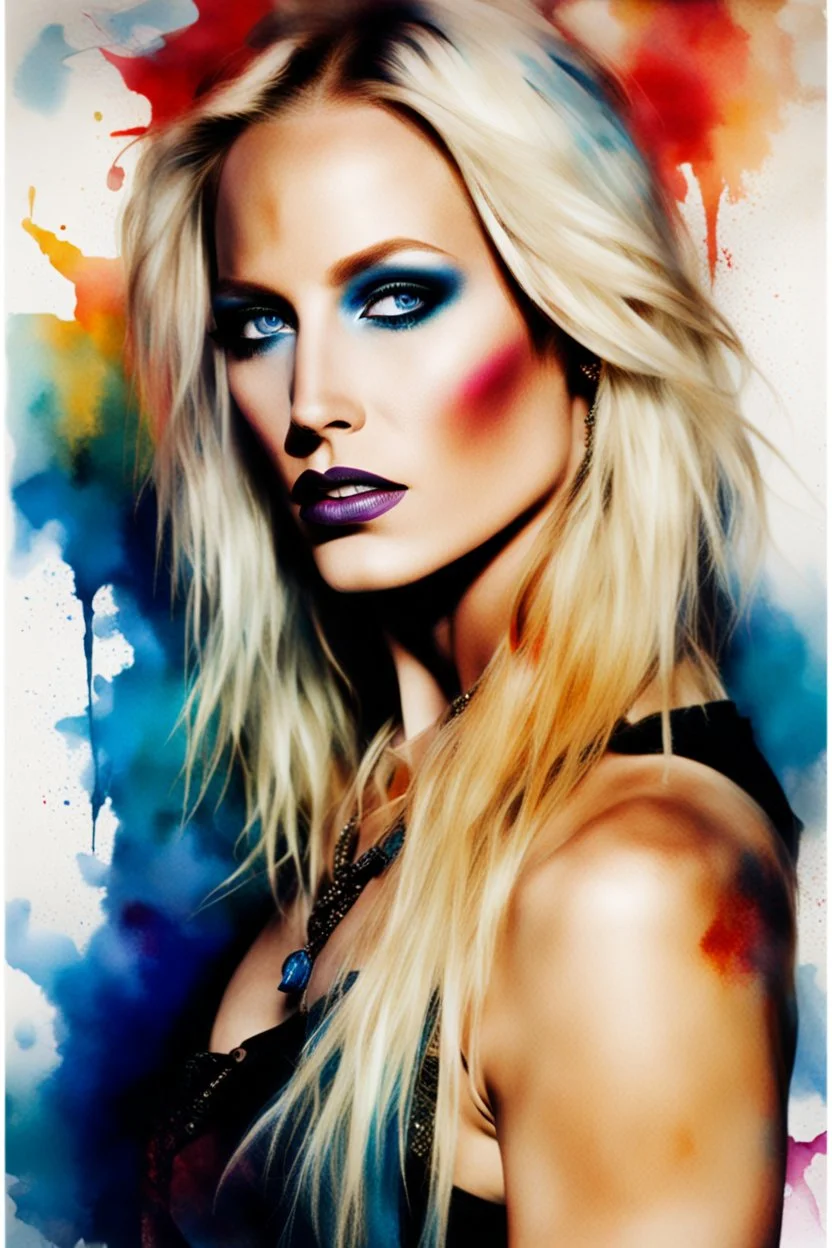 Text "Motley Crue, " A gorgeous blond woman with blue eyes, Miss Motley Crue, bright, colorful, multicolored watercolor stained wall in the background