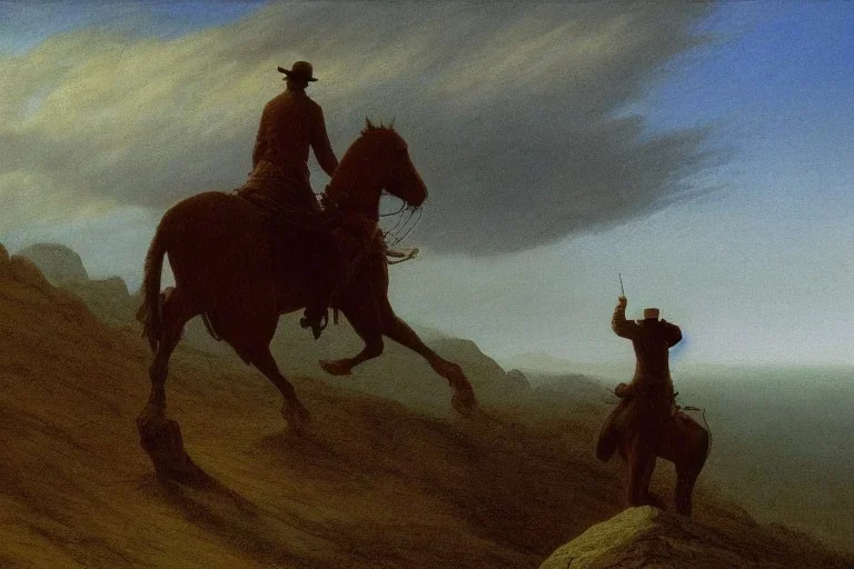 A lonely cowboy riding a horse on a cliff painted by Caspar David Friedrich