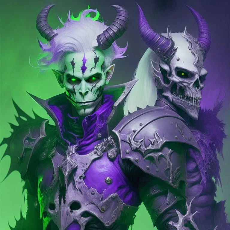 Demonio con armadura verde y negro y casco de calavera posando con un demonio hombre joven de armadura morada y verde con cabellos blancos