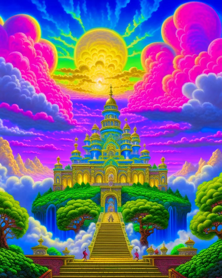 a photorealistic detailed cinematic image of a beautiful vibrant iridescent future for human evolution, spiritual science, divinity, utopian, cumulus clouds, ornate architecture, isometric, by david a. hardy, kinkade, lisa frank, wpa, public works mural, socialist