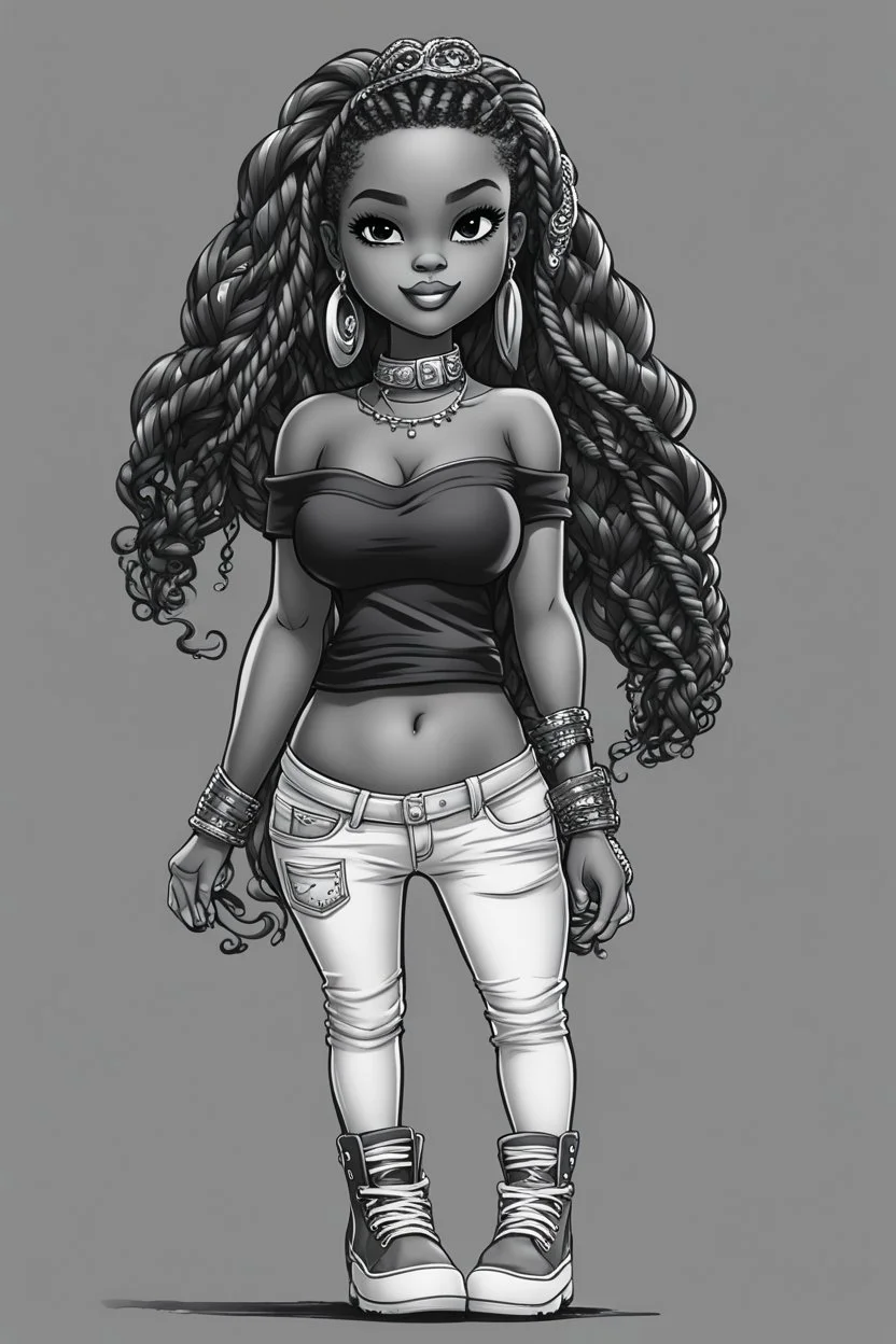 Create a black and white coloring page of a cartoon of a curvy African American chibi female wearing tight jeans and a off the shoulder blouse. She is also wearing timberland boots.. Highly detailed very long extremely braids of hair. Her skin is smooth and silky. Background of a track of ATV riders. No coloring, no shading, no grayscale,