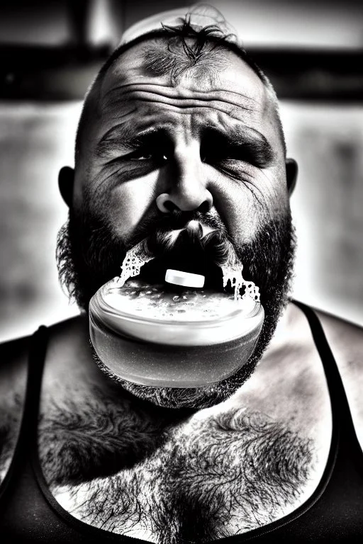 close up photography, dirty burly chubby Italian strong 48 years old homeless man, spitting milk from open mouth, dripping on the beard, with dirty tank top, emotional eyes, manly chest, photo, Canon EOS, lens 35mm, natural lights, 8K, in the morning