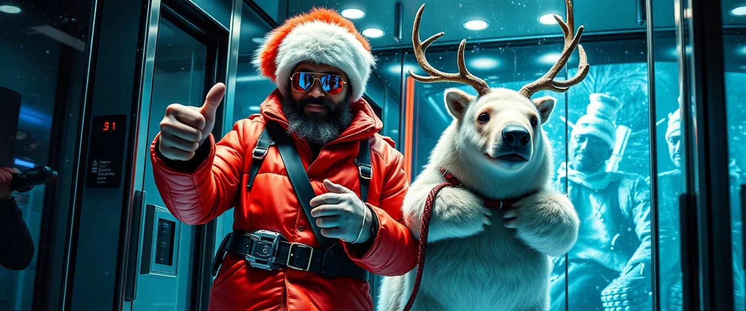 rasta frankie picks up and carries rasta bad ass criminal frost cyberpunk bard into hi tech glass elevator, he give a thumbs up with blue driving glowes, holding an calm big eskimo dog reindeer bear on a leash