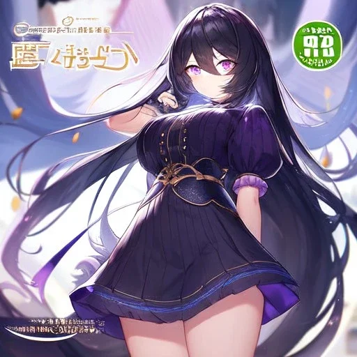 Clear focus,High resolution, black long fluffy hair, long fluffy bangs, purple eyes, wearing a magical uniform outfit, front hair cover eyes, wearing a short skirt, cool view