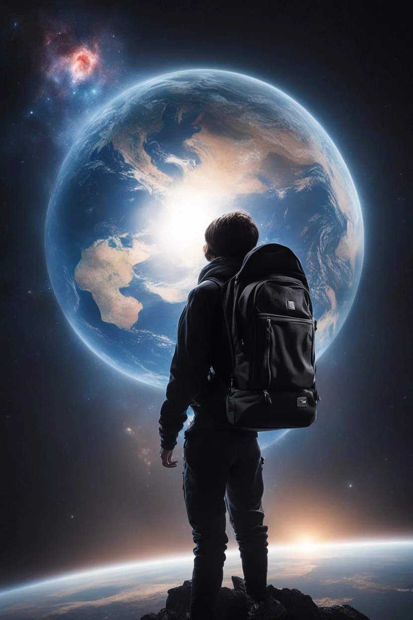 A figure wearing a black backpack deep in a supernova overlooking planet Earth