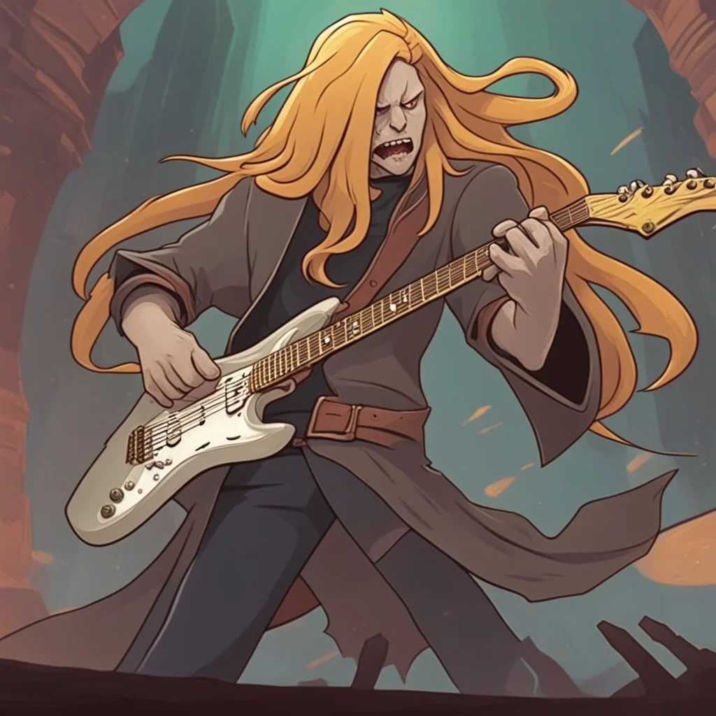 slay the spire with metal guitarist with long hair waving aggresivily card game