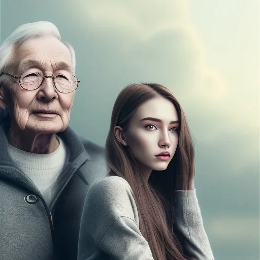 a young woman sitting next to a older man, portrait, 8K, close-up face, anatomically perfect face, Highly detailed stunning full frame portrait, misty and cloudy atmosphere