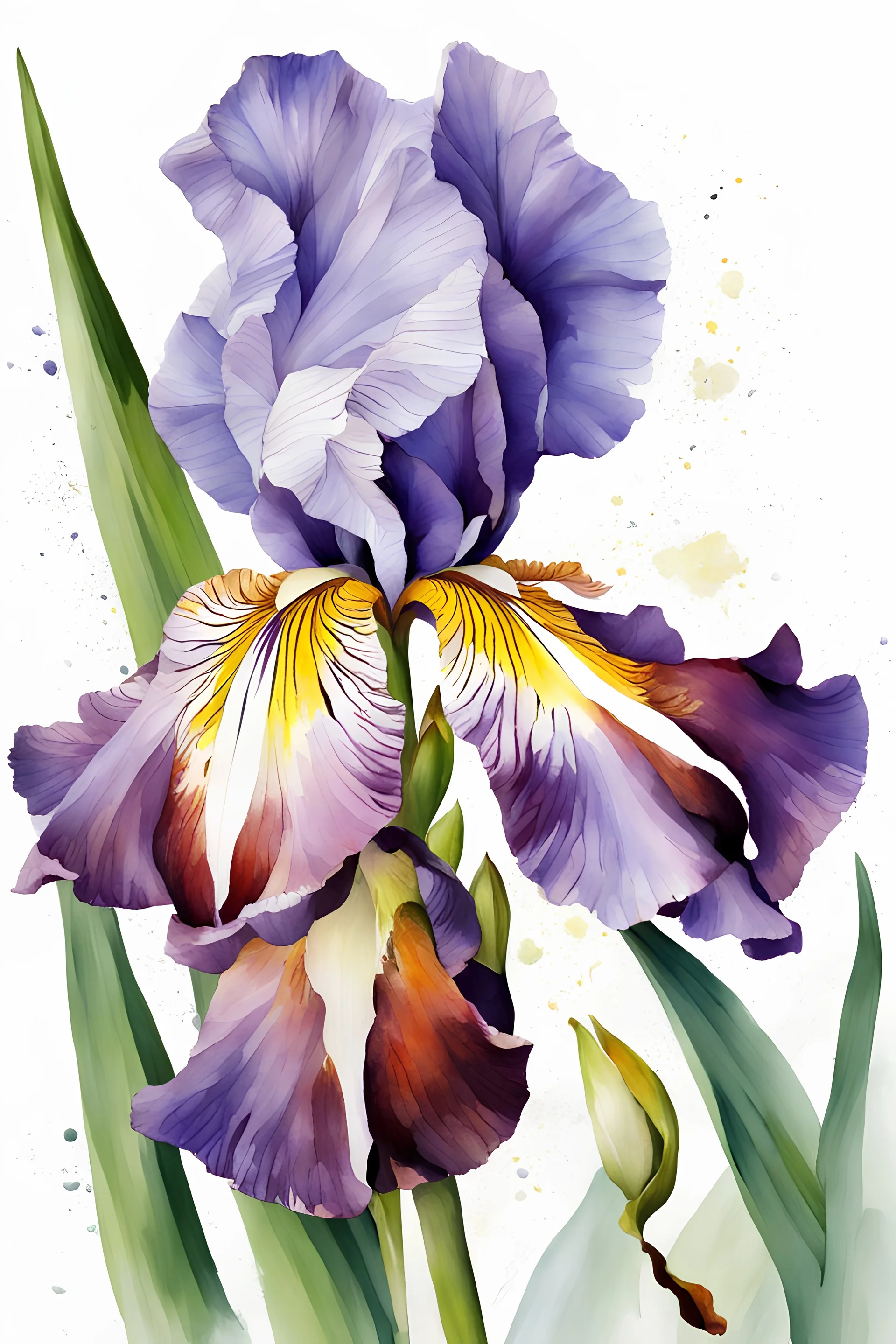 impressionistic, runny watercolor painting, ((best quality)), ((masterpiece)), ((realistic, digital art)), (hyper detaile), intricate details, (one) 1multicolored iris flower, closeup, white background, vivid coloring, some splashes