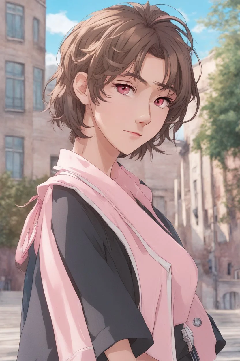 close up headshot portrait of beautiful 18-year-old man who looks like a girl, femboy, feminine, male, brown hair, red eyes, pretty body, perfect face, Wadim Kashin, James Gurney, amazing beauty, college campus background, has pink accents on clothes, anime style, 8k resolution, high definition