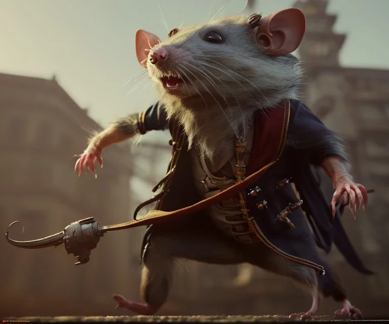 humanoid rat dressed as a pirate, detailed, hyperrealistic, octane remder, cinematic, by greg rutkowski