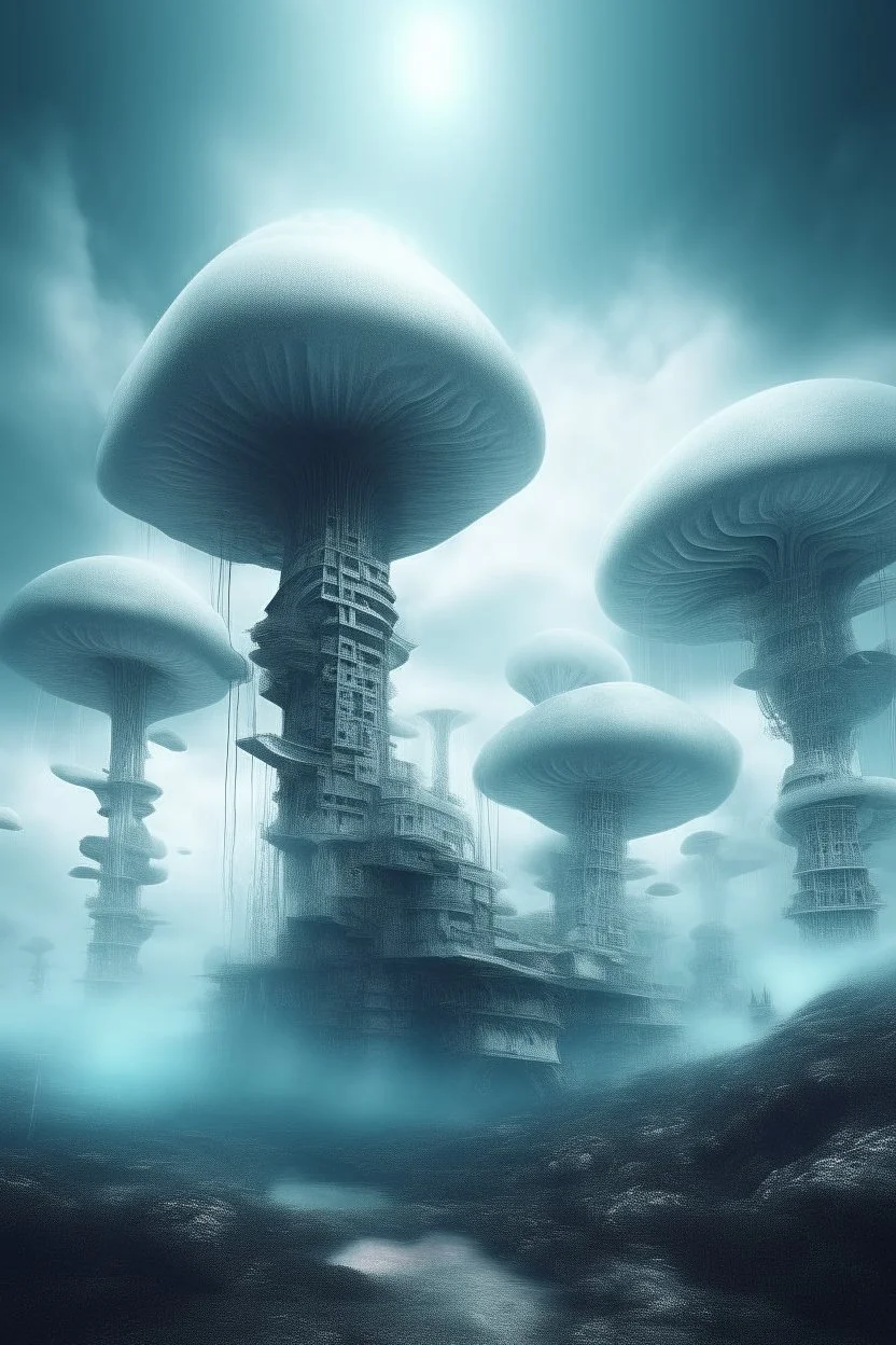 The future modern buildings in another dimension surrounded with mushrooms trees and stars and clouds and fogs, Busch painting nightmare style , 3D , scary, magical, mysterious
