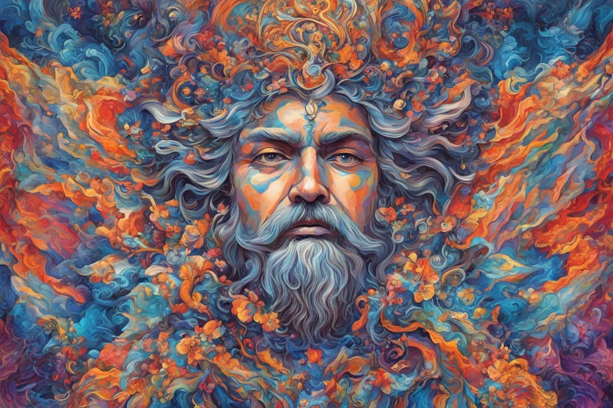 A visually striking and abstract representation of Zeus, utilizing vibrant colors and intricate patterns to evoke the mythical and godly aspects of his character, (visually striking abstract representation:1.4), (Zeus, the mythical god:1.5), (vibrant colors and intricate patterns:1.3), (expressive and godly ambiance:1.2), drawing inspiration from abstract interpretations of classical mythology, trending on ArtStation, Intricate, Sharp focus, vibrant lighting, (captivating:1.4)