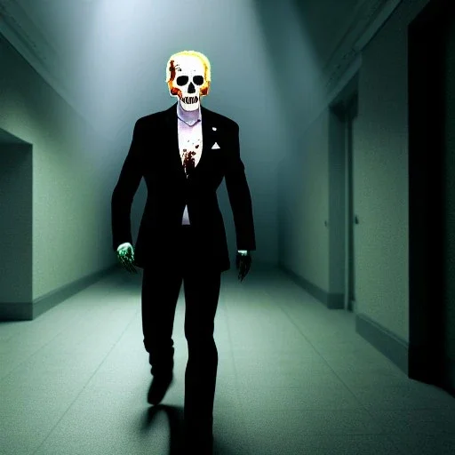 Ultra realistic image, joe biden zombie, zombie performance, skull, grey glow eyes. green blood, torn arm, night, walking twisted, waist up view, thriller style, dark ambient, highly detailed, White House background, concept art, unreal engine 5, god rays, ray tracing, RTX, lumen lighting, ultra detail, volumetric lighting, 3d, finely drawn, high definition, high resolution.