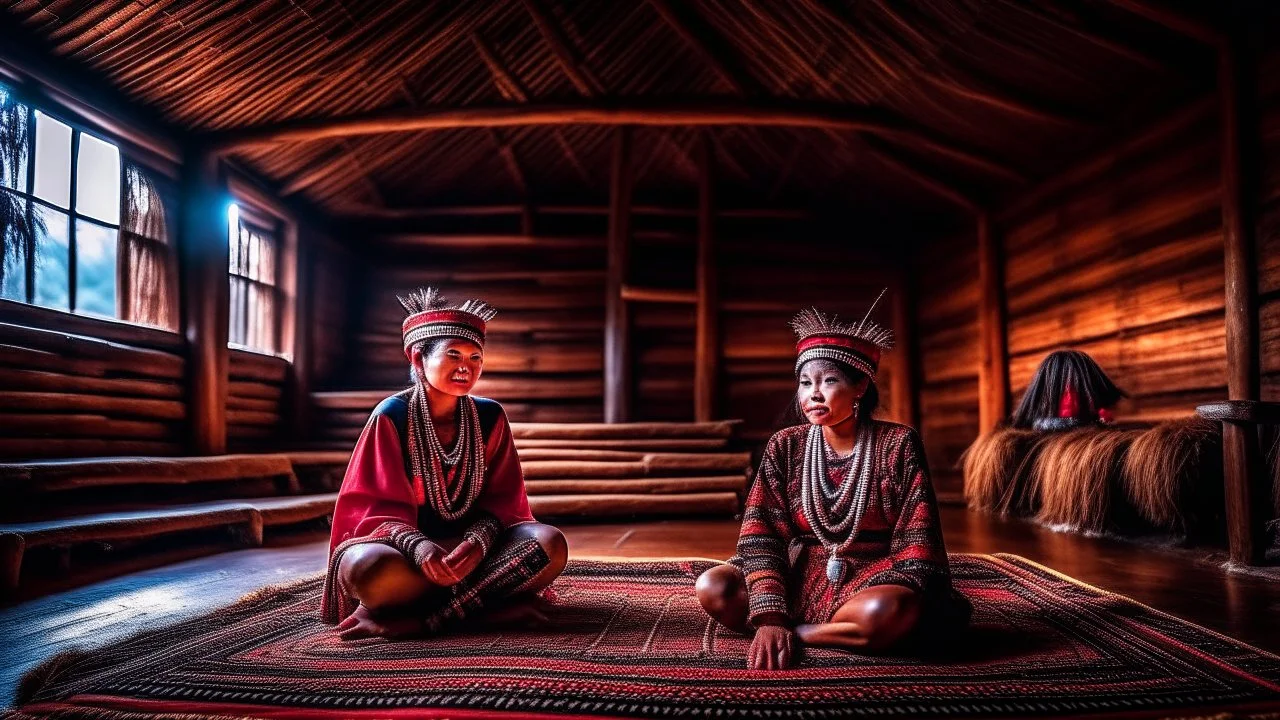 Inside a Sarawak tribal longhouse, Kelabit people, traditional clothing and hairstyle, award-winning photograph, beautiful composition, exquisite detail and illumination