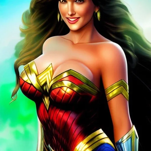 ultra detailed fullbody portrait of beautiful busty WONDER WOMAN, wearing skintight costume, extremely detailed digital painting, intrincate, extremely detailed smiling face,crystal clear Big Green eyes, in the style of gabrielle del otto , mystical colors , perfectly centered image, perfect composition, rim light, beautiful lighting,8k, stunning scene, raytracing