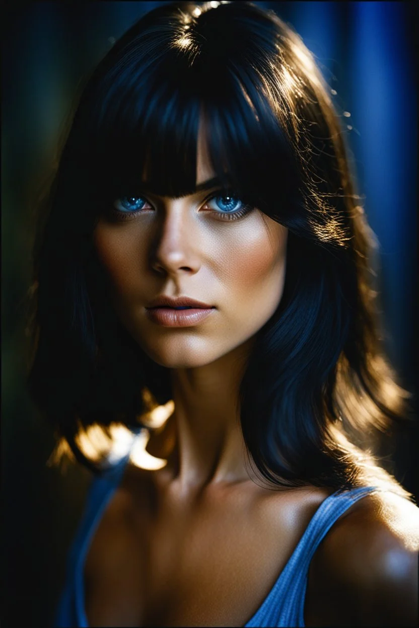 facial portrait - 35mm professional photograph, chiaroscuro, deep shadows, fairytale, 20th century masterpiece, rich deep colors, highly detailed portrait, beautiful, extremely muscular Joan Laurer, long, straight, black hair, the bangs cut straight across her forehead, blue eyes