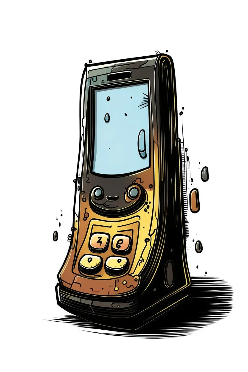 A weathered flip phone with a worn leather case, half-opened to reveal a pixelated smiley face emoji on the tiny screen. Style: Grunge, Mood: Retro-futuristic, Lighting: Neon lights reflecting off the phone's surface, T-shirt design graphic, vector, contour, white background.