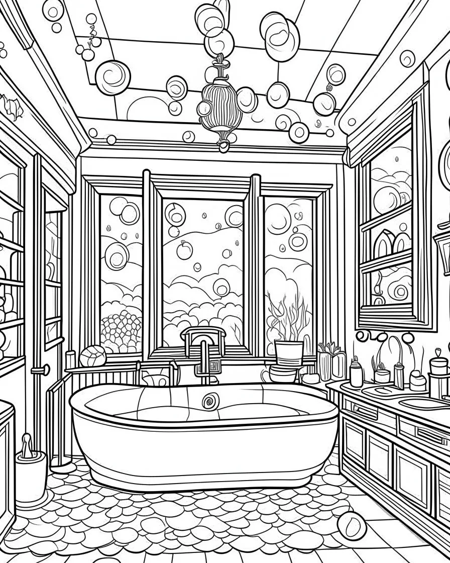 coloring pages for kids, Angela's Beauty Salon, room with windows, with door, written around 3D colorful flowers inside bubbles, hearts, stars, fluffy, photo, typography, fashion, cinematic, 3d rendering, in pink tones.. cartoon style, thick lines, low detail, black and white, no shading, --ar 85:110