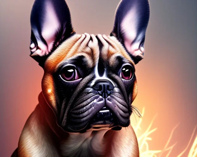 a detailed illustration of a french bulldog, phoenix bird wallpaper, luminescent body, full body, symmetrical body, realistic, glowing muscles, sharp focus, meticulously detailed, soft evening sky, 64k