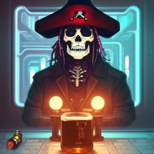 a cyberpunk hacker pirate captain skeleton drinking beer with a pirate hat sitting in front of a huge old crt monitor in a dark room , only light coming from crt monitor, highly detailed, intricate, digital art, trending on artstation, trending on cgsociety, by greg rutkowski