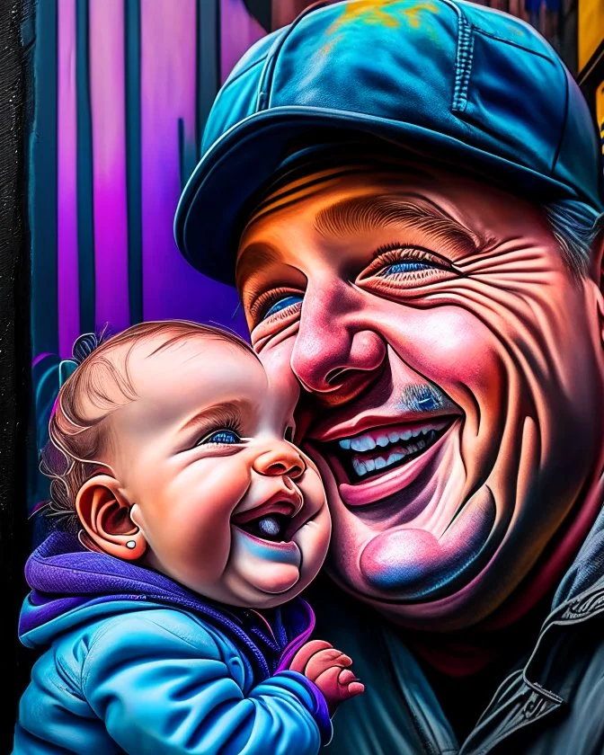 Papá feliz sonriente con su bebé mirándolo a los ojos felíz colores contrastantes obra de arte arte callejero impactante detallado hiperrealista 8k coherente