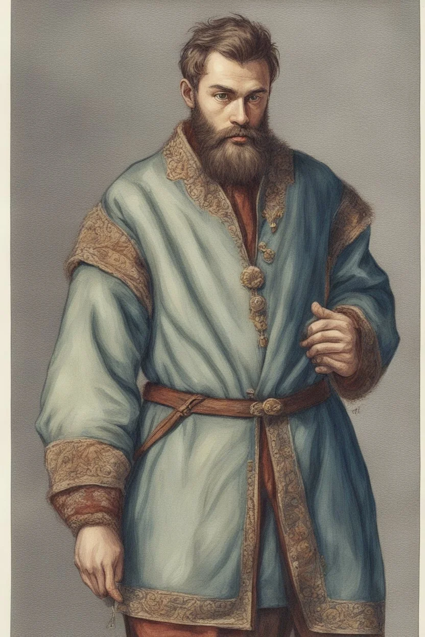 age 20, man, medieval, fighter, russian, croocked nose, czar, rich, simple clothes, short messy hair, thick beard, oligarch, brocade coat with fur, brocade clothes, pencil drawing, muscles, 20 years old, medival leather bootsspitz, gewand aus seide