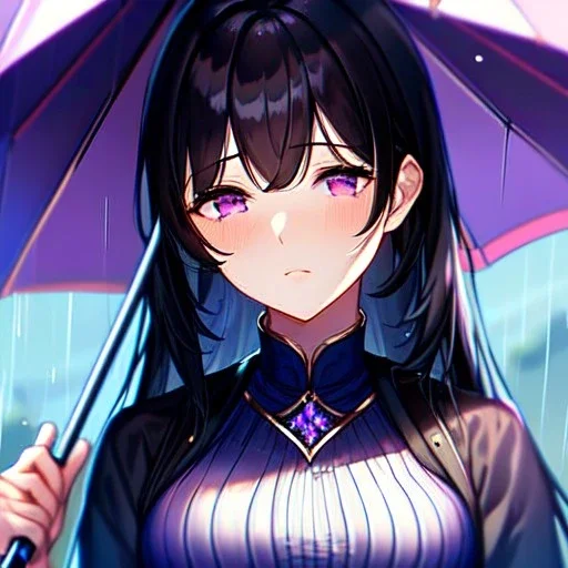 8k, Girl, high quality, detailed, black hair, purple eyes, beautiful lighting, sad, raining, umbrella,