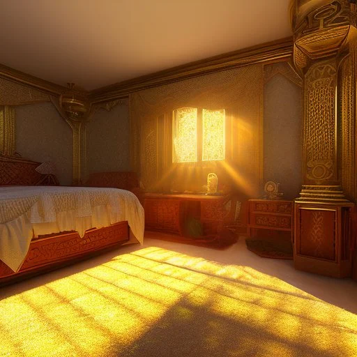 a pinhole camera photo of sunlight streaming into a sumptuous Arab-style bedroom