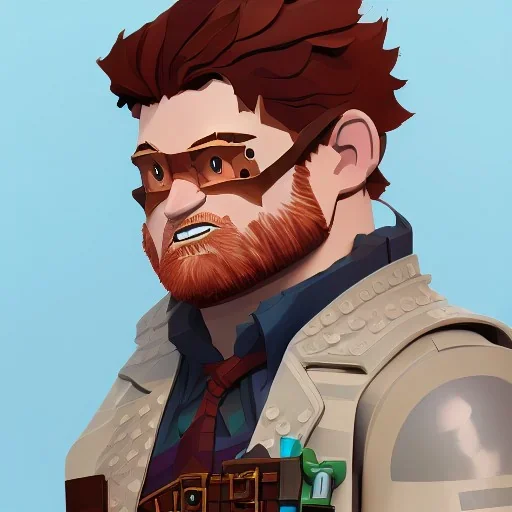 wayne knight ed sheeran, dark blonde hair, shaved, lego, steampunk