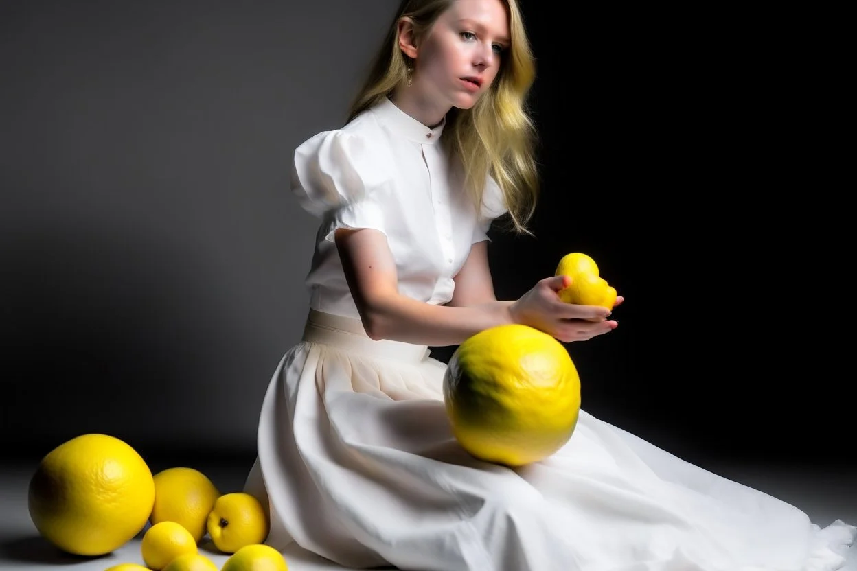 Sobre un fondo blanco de fotografía de estudio, un mujer rubia, vestida con camisa blanca sin abotonar y una amplia falda amarilla, juega con unos limones