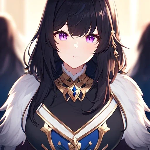 Clear focus,High resolution,8k, Beatiful Lighting, black short fluffy hair, long fluffy bangs, purple eyes, wearing a goddess outfit, extreme close up