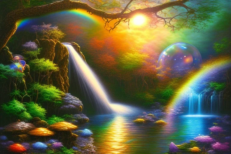 island waterfall bubble spring turtle sunset rainbow