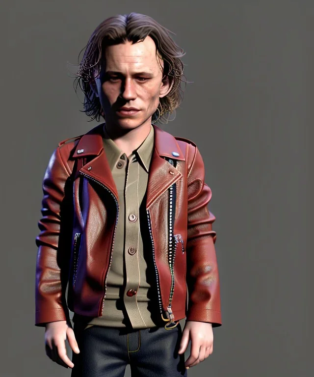 Heath ledger toddler, full body, leather jacket, floral shirt, soft skin, dramatic lighting, hyper realistic