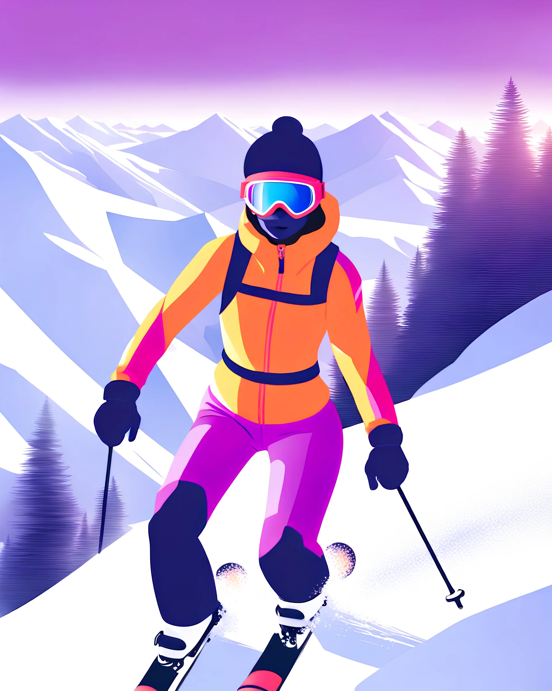 full-length close-up of a girl in a bright lilac ski suit, in a ski mask, skiing down a snowy mountain slope, bright sunlight