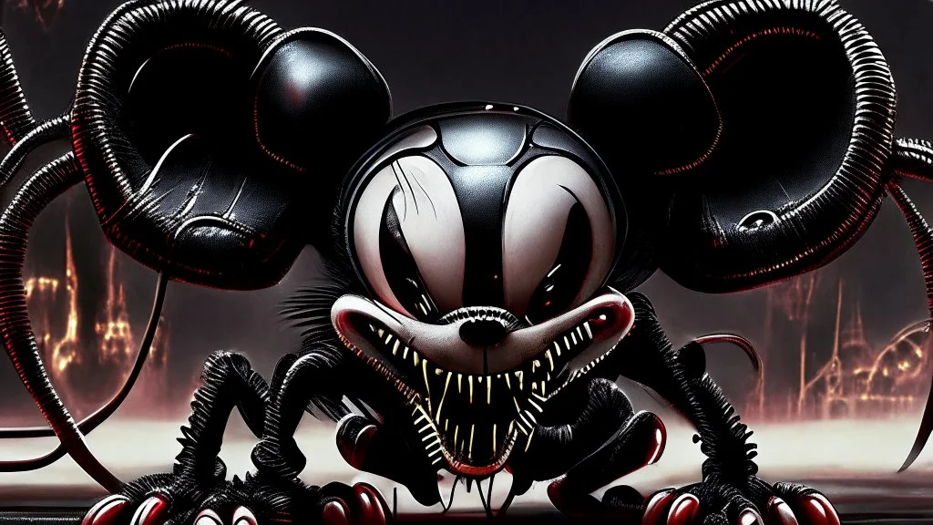 a spider mickey mouse hybrid, photorealism, movie screen capture, horror, sci-fi, retrofuturism, evil, demon-like