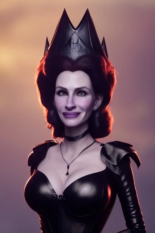 Julia Roberts as evil queen in black leather gown, evil, busty, cleavage, curvy, angry, stern look. character design by cory loftis, fenghua zhong, ryohei hase, ismail inceoglu and ruan jia. unreal engine 5, artistic lighting, highly detailed, photorealistic, fantasy