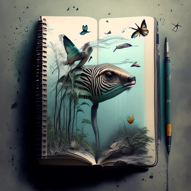 a distopian world full of beautiful creatures with an abandonded notebook on the middle