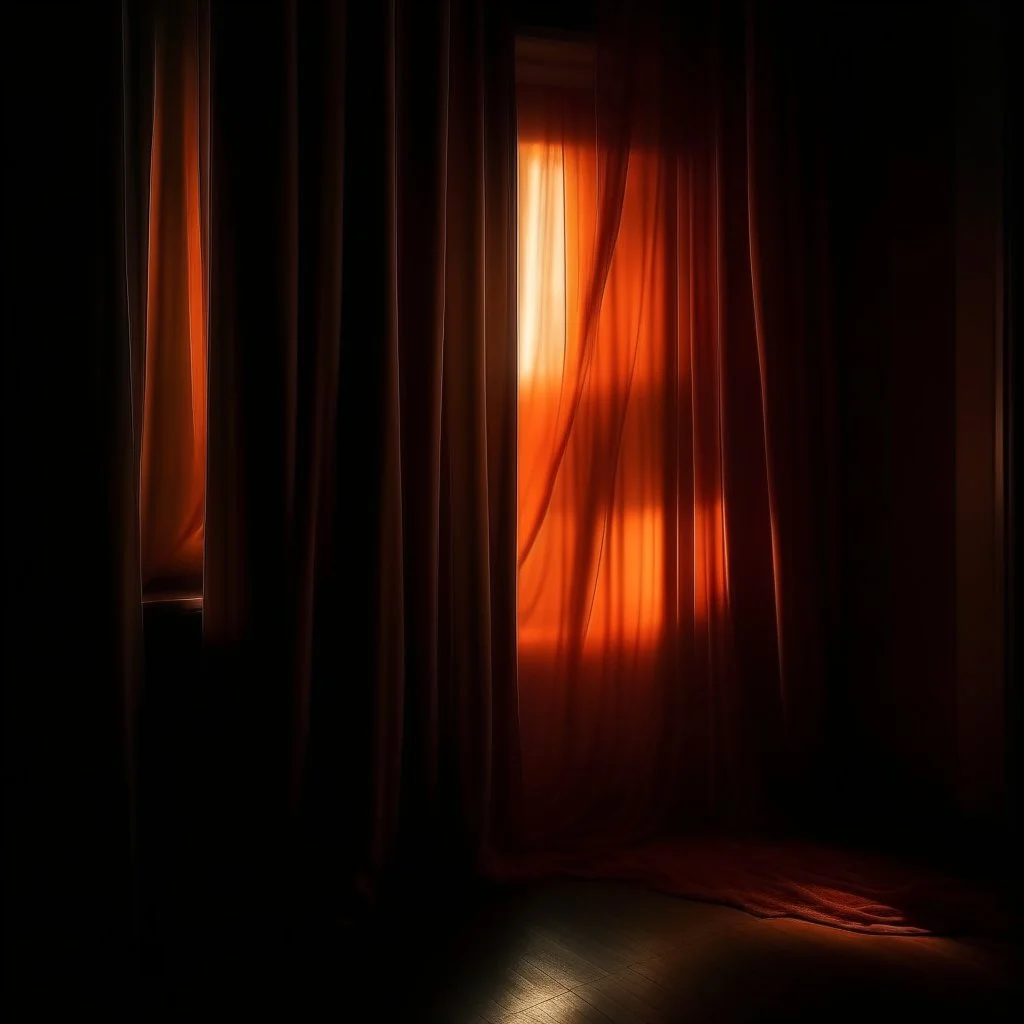 atmospheric deep orange light coming through the curtains of a dark room