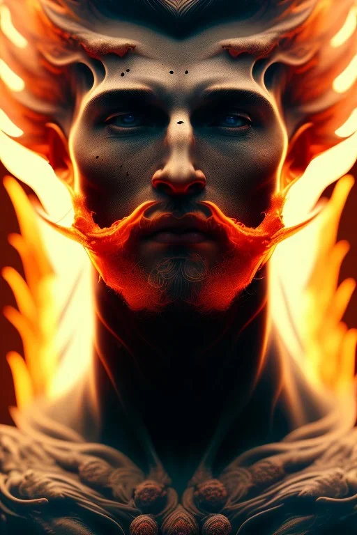 portrait photography of an ethereal beautiful animal god, Fire theme art, Dark moody night atmosphere, Portrait of a man by Michelangelo, 8K, close-up face, anatomically perfect face, oak tree roots, ignore NSFW