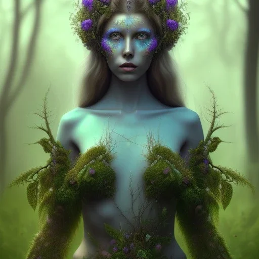 Portrait of beautiful girl, face dept of field,face shining, plant, metal, feathers,central weight average, CWA Dryad, fae, sidhe, ominous, nature, plants, wildflower sparkle,wildflower 3d view, facepaint, dnd character portrait, intricate, oil on canvas, masterpiece, expert, insanely detailed, 4k resolution, retroanime style, cute big circular reflective eyes, cinematic smooth, intricate detail , soft smooth lighting, soft pastel colors, painted Renaissance style,sharp fucus, bokeh,macro lens,