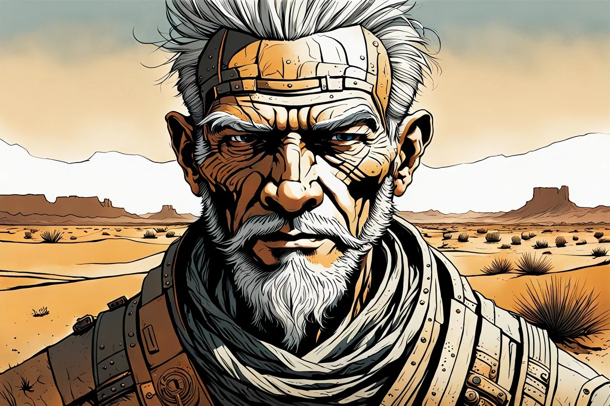 create a front facing, portrait illustration of an aged, otherworldly lost cyborg nomadic wanderer with highly detailed, sharply lined and deeply weathered facial features in a dusty ruined desert oasis in the comic art style of Enki Bilal, precisely drawn, finely lined and inked in arid desert colors