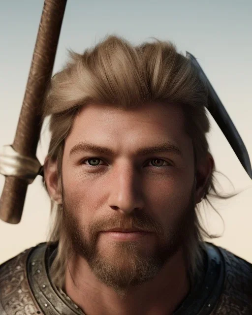 strong medieval men warrior with blond short hair, blue eyes and wide warm smile with an axe with green and brown clothes