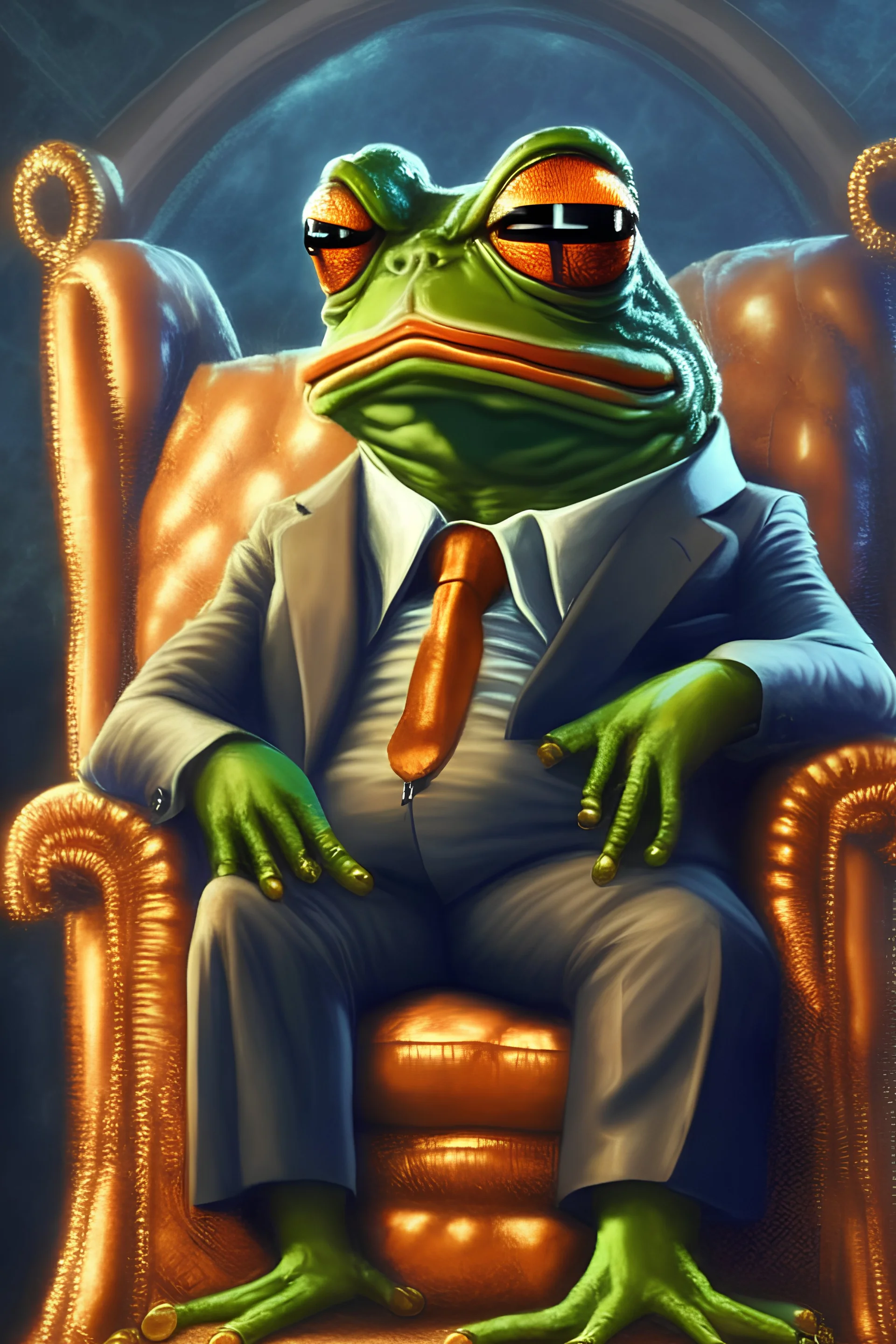 Pepe OG sitting on a chair as the biggest boss of the crypto world.