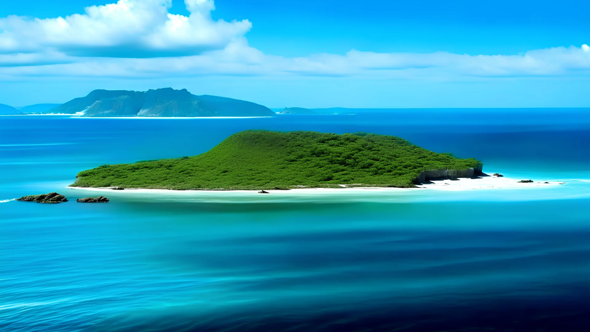 a scenario by the sea in borneo in the 1960s, across the sea there are twin fully forest mountain islands, one in front and one behind, the one in front is all visible, the one behind is only partially visible, the cliff is made of ordinary cement without engraving, the land is almost land bald because of the crowd. generate horizontal view.